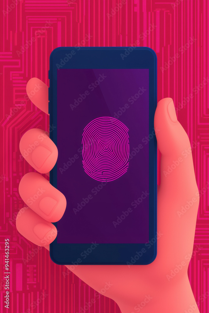 Poster hand holding smartphone with fingerprint scan on screen, illustrating security and identification te