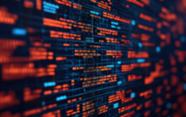 Obraz premium Abstract close-up of glowing red and blue code on a dark background representing cyber security, programming, and technology concepts.