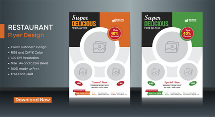 The restaurant menu and food flyer design templates are modern with colorful A4 sizes. Vector illustrations for food and drink marketing material, ads, templates, and cover design