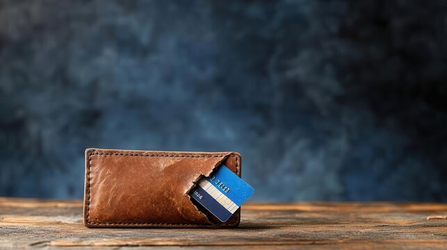 An empty wallet with a single, worn-out credit card inside, set against a bleak background to signify borrowing and financial ruin