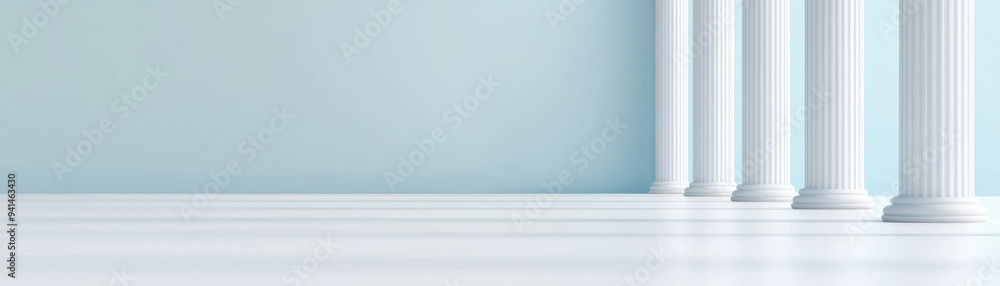 Poster elegant white columns in a bright, minimalist space with soft shadows and simplistic architectural d
