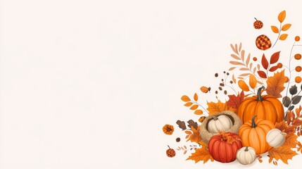Fototapeta premium Harvest Bounty - Festive Autumn Illustration with Pumpkins, Cornucopia, and Fall Foliage on Warm Background for Marketing Design