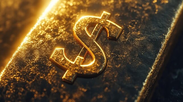 Close-up of a gold bar featuring a shiny dollar symbol, symbolizing wealth and prosperity in a vibrant financial motif.