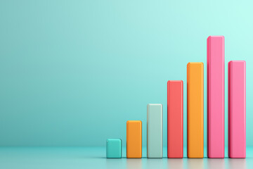 Colorful bar graph showing growth on a blue background. Financial data analysis, business success, and performance metrics concept.