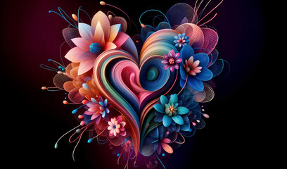 A vibrant abstract watercolor heart made of colorful petals and leaves.