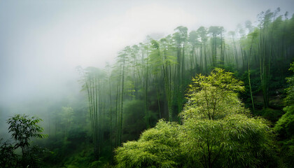 Fototapeta premium foggy asian mountain bamboo forest lush green trees