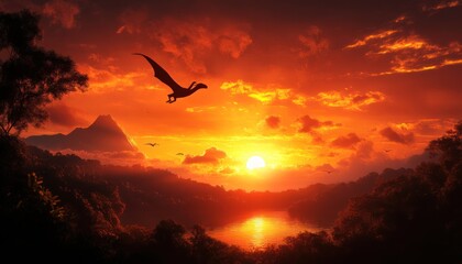 A breathtaking sunset over a serene landscape, featuring a flying dinosaur silhouette against vibrant orange hues.