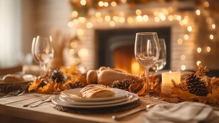 Cozy Thanksgiving Dinner Setting by Fireplace with Autumn Decorations | Warm Tones and Festive Ambience for Campaign Text Space