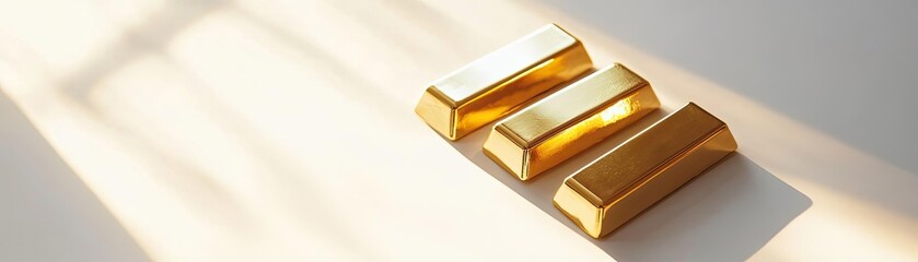 Three gold bars reflecting light on a smooth surface, symbolizing wealth and luxury in an elegant setting.