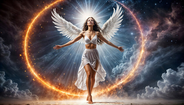 She walks out of gloomy storm clouds - Celestial scene of a female figure radiating light with radiant aura, showing a woman with angel wings, walks towards glowing circle of light