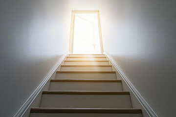 A ladder gracefully leads towards a radiant open door, symbolizing hope and new beginnings bathed in serene light.