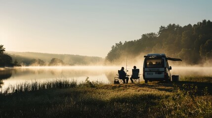 Fototapeta premium Two fishermen are enjoying a relaxing morning of fishing by the lake at sunrise