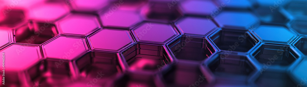 Poster abstract illustration of a futuristic hexagonal pattern in shades of pink and blue, featuring a glos