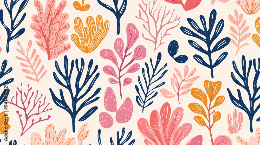 Poster vibrant botanical pattern with colorful abstract leaves and branches against a light background.