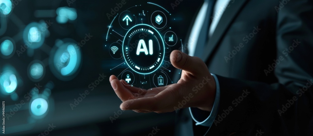 Poster a businessman in a suit is shown holding a holographic ai interface, symbolizing the merging of arti