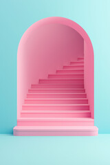 Obraz premium A vibrant, modern staircase painted in pastel pink with an arched entryway against a turquoise background, showcasing minimalist interior design.