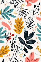  floral pattern with colorful abstract leaves and branches on a light background.