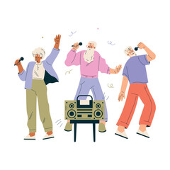 Nursing Home with Retired Man and Woman Character Sing with Microphone Vector Illustration