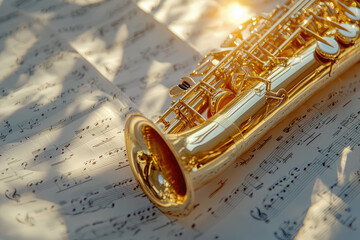 Obraz premium The Radiant Golden Saxophone Resting on Musical Sheets Evokes Melodic Dreams and Timeless Composition