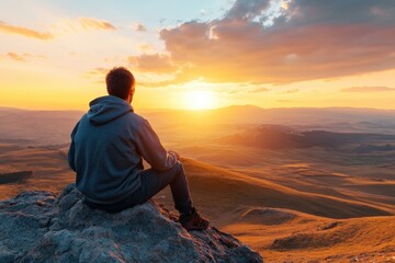 A serene moment capturing a person sitting on a rock, witnessing the breathtaking sunset over an expansive valley, epitomizing solitude, reflection, and tranquility.