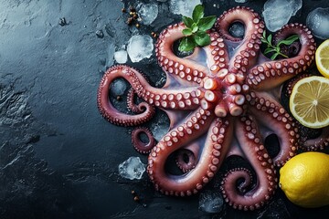 Fototapeta premium Whole fresh raw octopus with spices and lemon on ice, slate stone background. Seafood octopus, top view, flat lay. 
