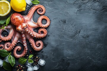 Fototapeta premium Whole fresh raw octopus with spices and lemon on ice, slate stone background. Seafood octopus, top view, flat lay. 