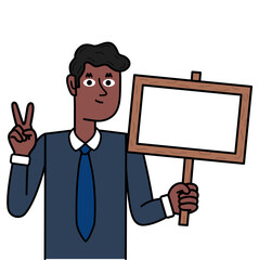 Cheerful black businessman holding wooden board.eps
