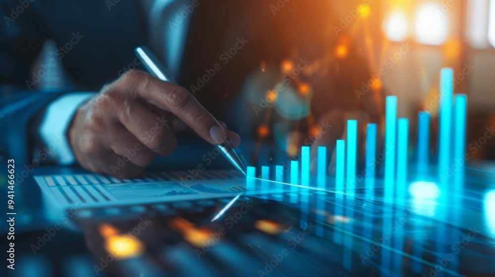 Poster businessman using digital tablet to analyze financial data with rising bar graphs and futuristic dat