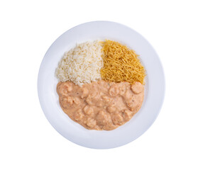 Shrimp strogonoff with rice and straw potato isolated over white background