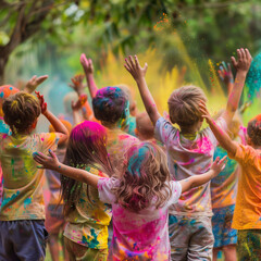 Holi or the Festival of Colors is held in India, turning the backs of children of various nationalities. Different skin colors playfully splash colored powder at each other