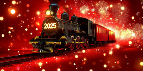 New Year train with number 2025 on red background with fireworks. New Year concept.