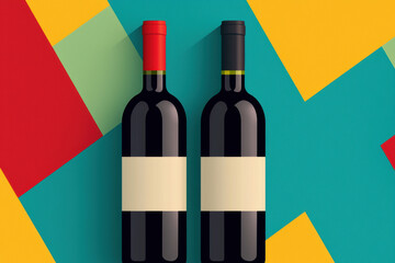 Two bottles of red wine with blank labels on a colorful geometric background, perfect for beverage and lifestyle themes.