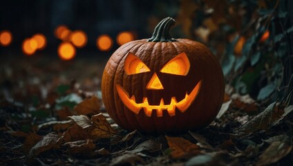 Halloween Festival Craved Pumpkin jack-o-lantern in garden with bokeh background