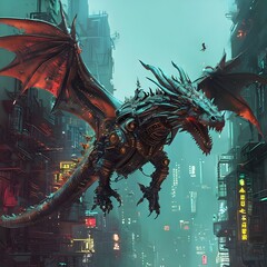a steampunk dragon flying over a cyberpunk city