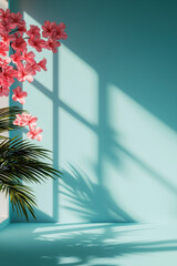 Aesthetic of sunlight casting long shadows of a palm plant and vibrant pink flowers against a serene teal wall, creating a calming and artistic ambiance.