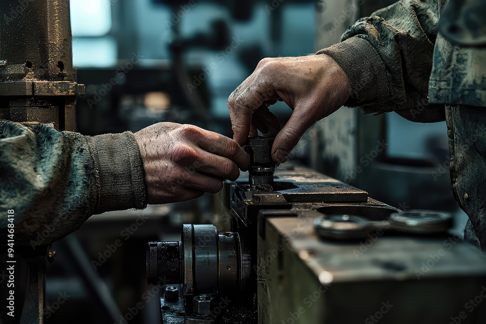 Poster hands of dedication: workers engage in precision on the factory floor, creating with focus and exper