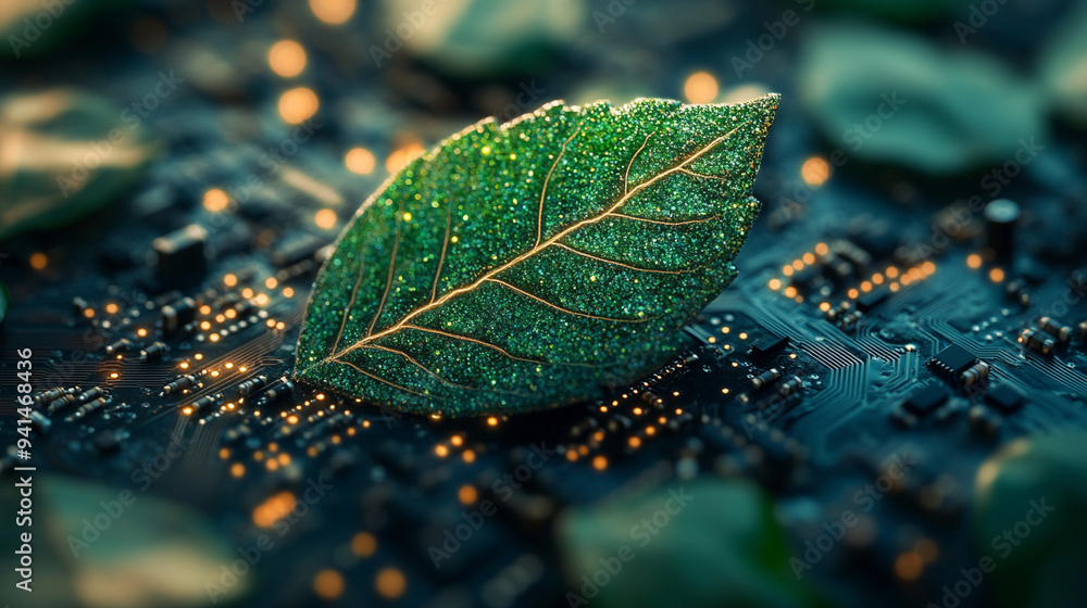 Aufkleber green natural eco friendly green leaf and computer technology on abstract high tech futuristic backg
