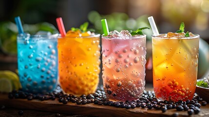 Colorful bubble tea with wide straw and tapioca pearls, 