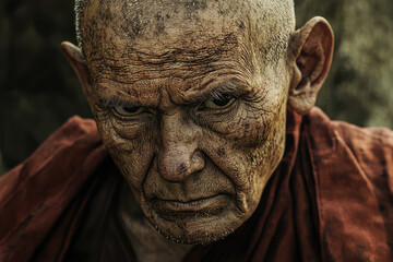 A profound portrait of a contemplative monk reflecting strength, wisdom, and resilience captured through expressive features and attire.