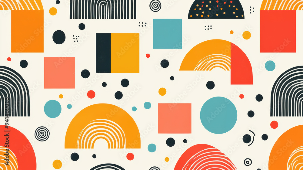 Poster abstract geometric pattern with colorful shapes, half circles, squares, and dots on light background