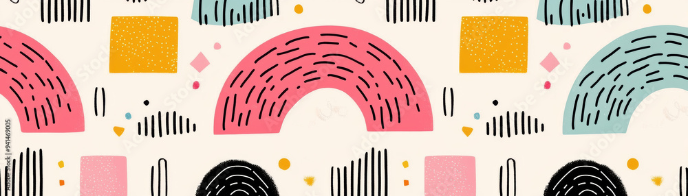 Poster colorful abstract geometric pattern with arch shapes and lines in pastel and bold shades on a light 