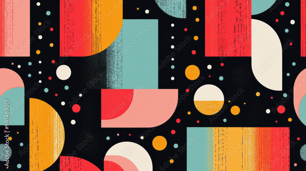 Poster a vibrant geometric abstract pattern with colorful shapes and textures on a black background, creati