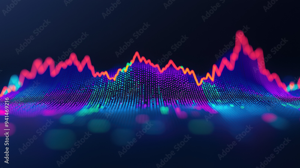 Poster vibrant abstract data visualization, neon light spectrum graph with digital wave patterns, represent