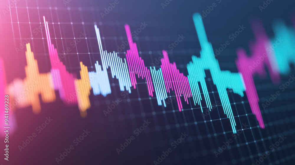 Poster colorful sound wave graph on a dark background, illustrating dynamic audio levels and technology, id