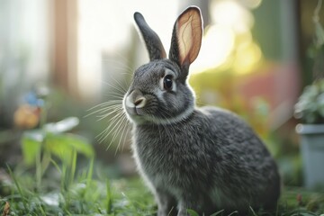 Fototapeta premium Softly illuminated gray rabbit with shallow depth of field in garden.
