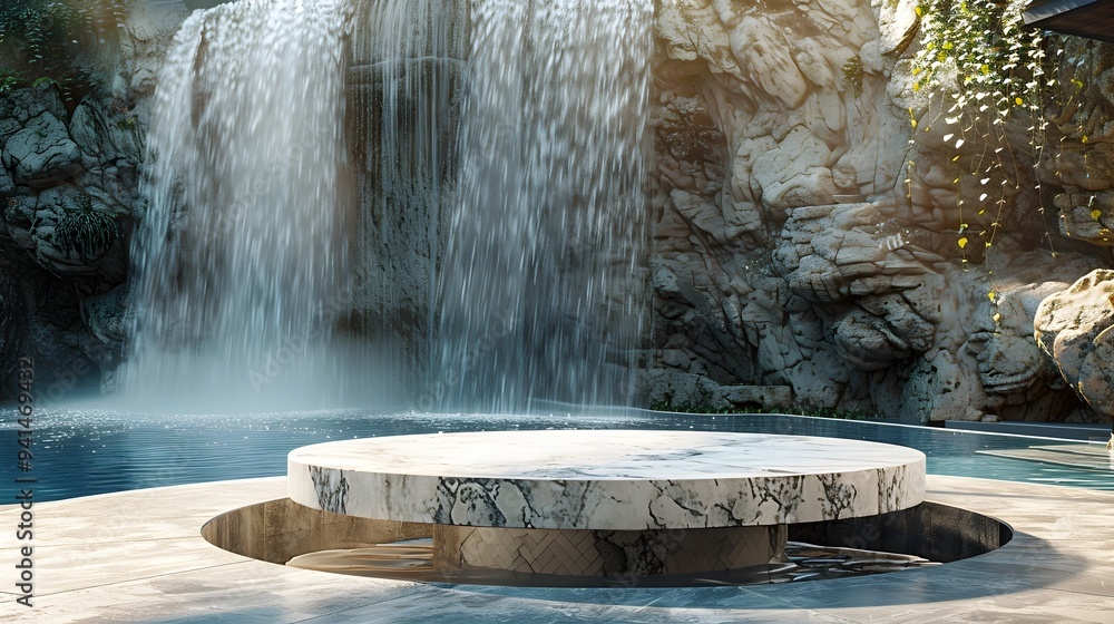 Poster elegant marble table beside serene modern pool with cascading waterfall for product display