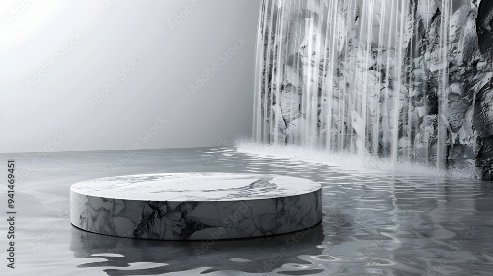 Poster elegant marble table with modern pool waterfall display setting on white background