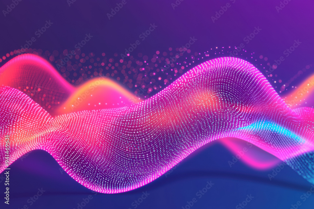 Poster abstract digital wave with neon lights and dots in a futuristic background, showcasing technology an