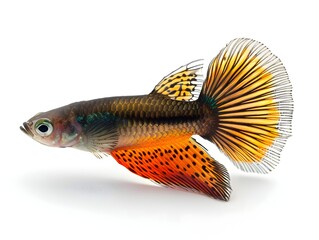 Fototapeta premium Beautifully Detailed Guppy with Fan like Tail Isolated on White Background