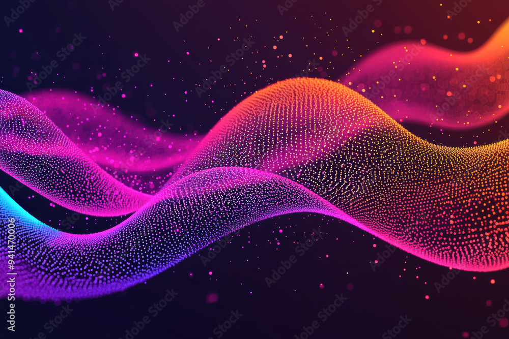 Poster vibrant digital wave background with neon colors and glowing particles, perfect for tech visualizati